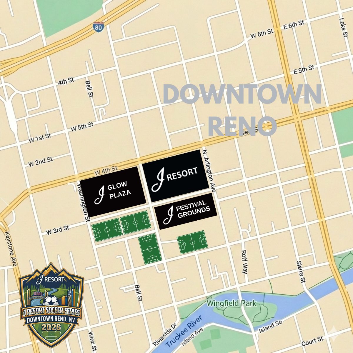 Map showing the J Resort Soccer Series venue at 345 N. Arlington Ave, downtown Reno, NV