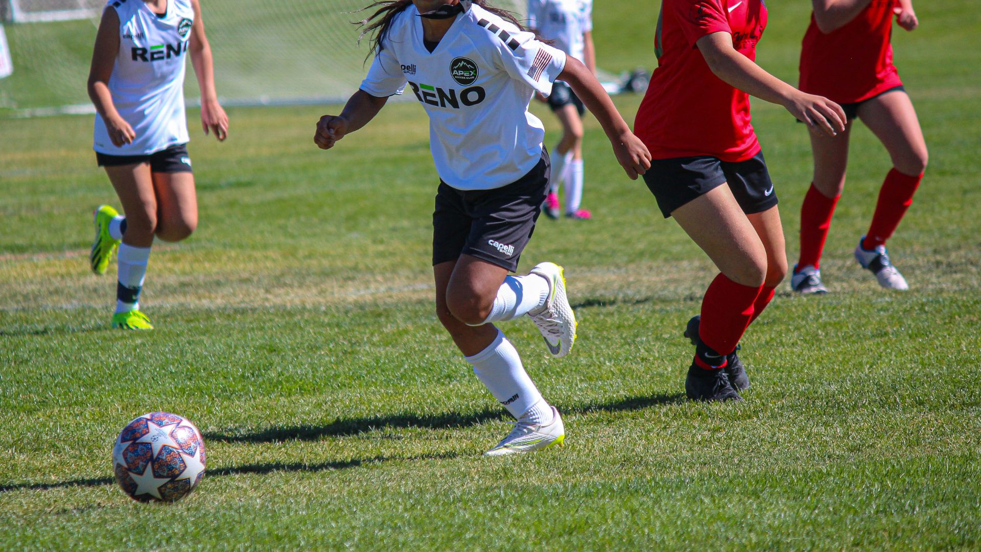 Youth soccer players competing in downtown Reno, Nevada